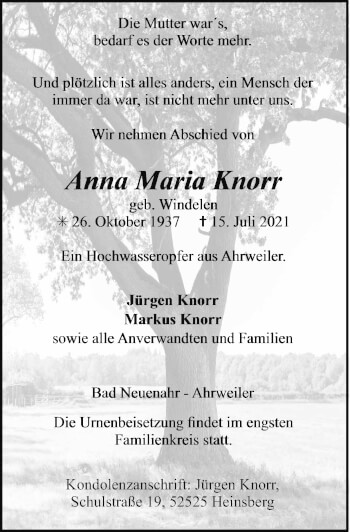 Traueranzeige von Anna Maria Knorr von Zeitung am Sonntag