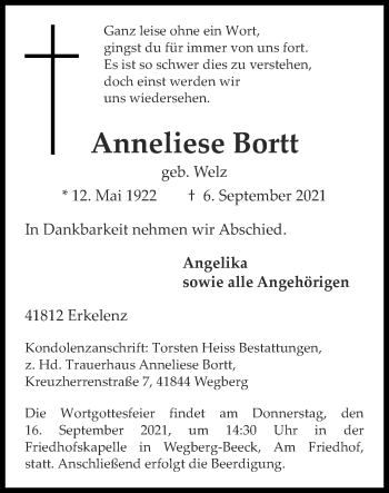 Traueranzeige von Anneliese Bortt von Zeitung am Sonntag