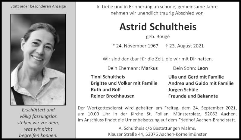  Traueranzeige für Astrid Schultheis vom 18.09.2021 aus Aachener Zeitung / Aachener Nachrichten