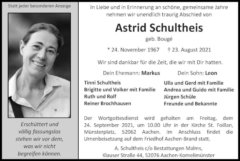  Traueranzeige für Astrid Schultheis vom 19.09.2021 aus Zeitung am Sonntag