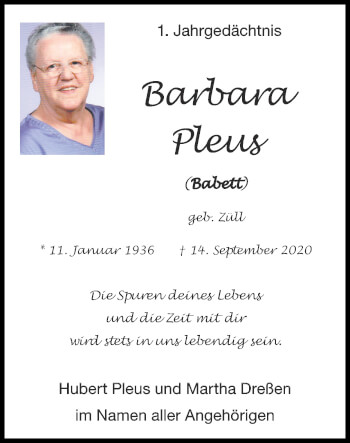 Traueranzeige von Barbara Pleus von Zeitung am Sonntag