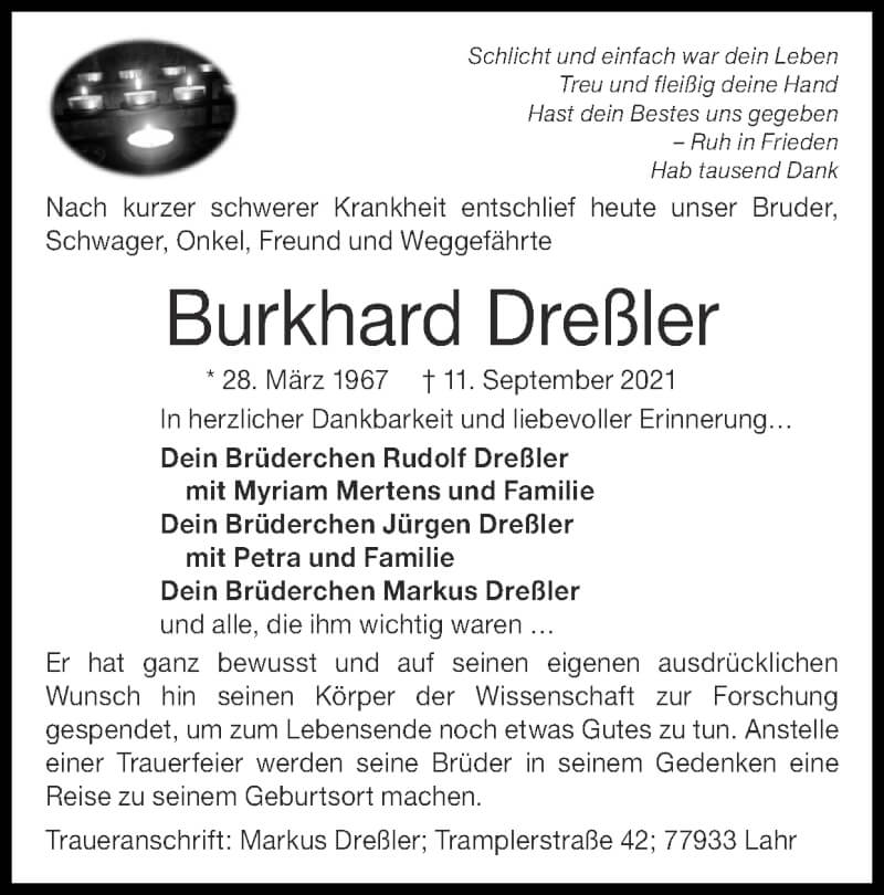  Traueranzeige für Burkhard Dreßler vom 19.09.2021 aus Zeitung am Sonntag