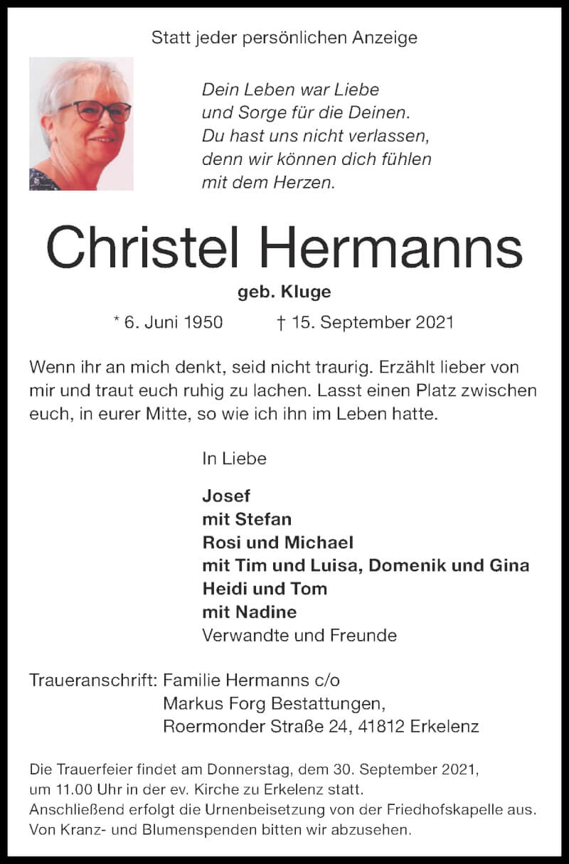  Traueranzeige für Christel Hermanns vom 19.09.2021 aus Zeitung am Sonntag