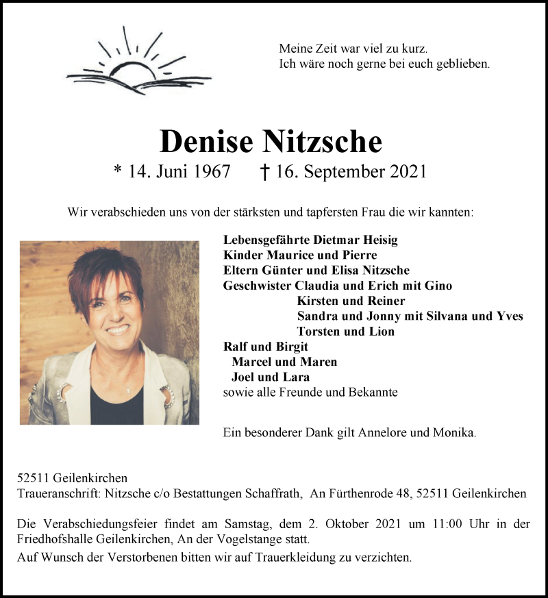  Traueranzeige für Denise Nitzsche vom 26.09.2021 aus Zeitung am Sonntag