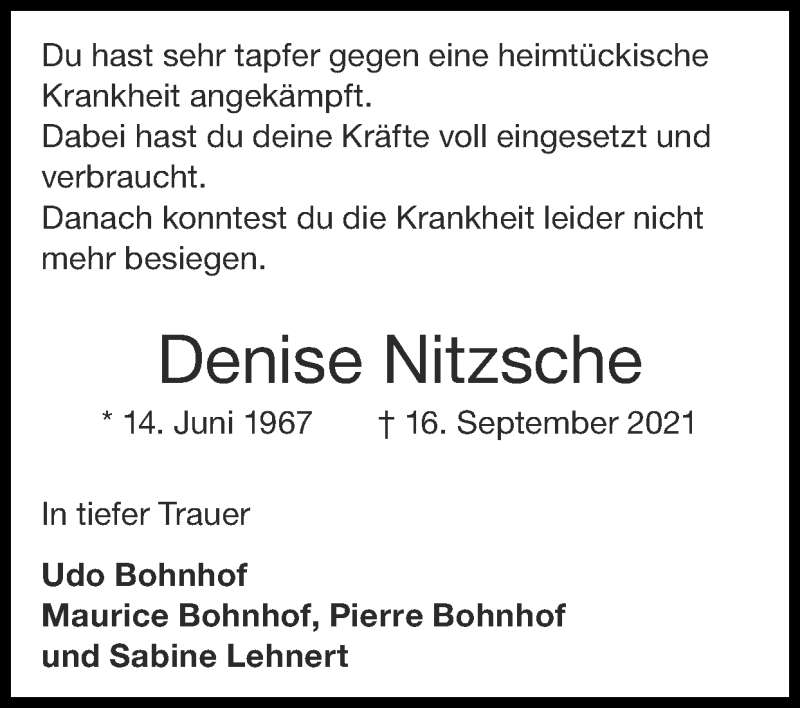  Traueranzeige für Denise Nitzsche vom 26.09.2021 aus Zeitung am Sonntag