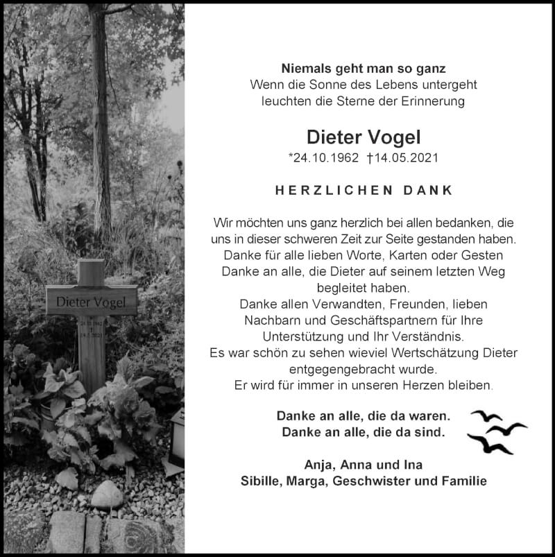  Traueranzeige für Dieter Vogel vom 19.09.2021 aus Zeitung am Sonntag