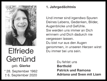 Traueranzeige von Elfriede Gemünd von Zeitung am Sonntag