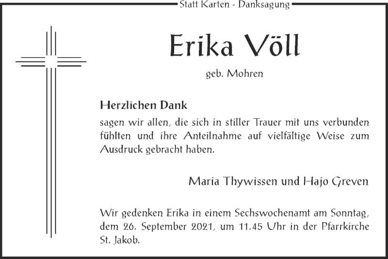  Traueranzeige für Erika Völl vom 19.09.2021 aus Zeitung am Sonntag
