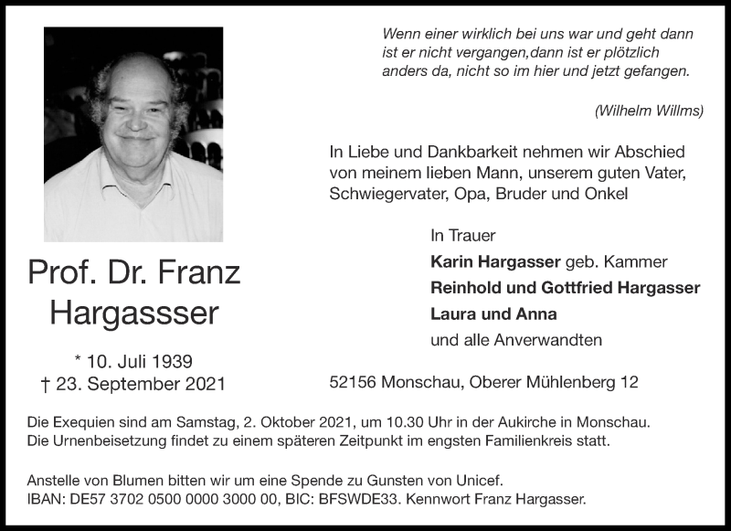  Traueranzeige für Franz Hargassser vom 29.09.2021 aus Aachener Zeitung / Aachener Nachrichten