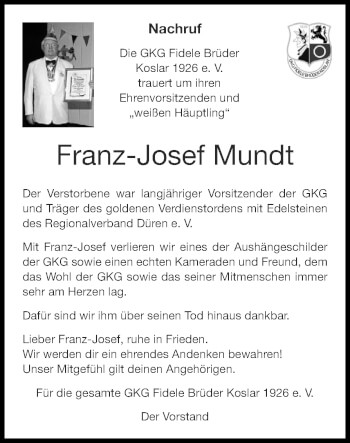 Traueranzeige von Franz-Josef Mundt von Zeitung am Sonntag