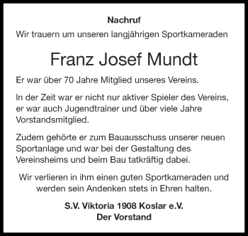 Traueranzeige von Franz Josef Mundt von Zeitung am Sonntag