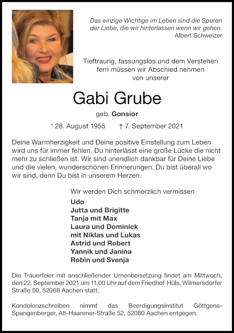  Traueranzeige für Gabi Grube vom 19.09.2021 aus Zeitung am Sonntag