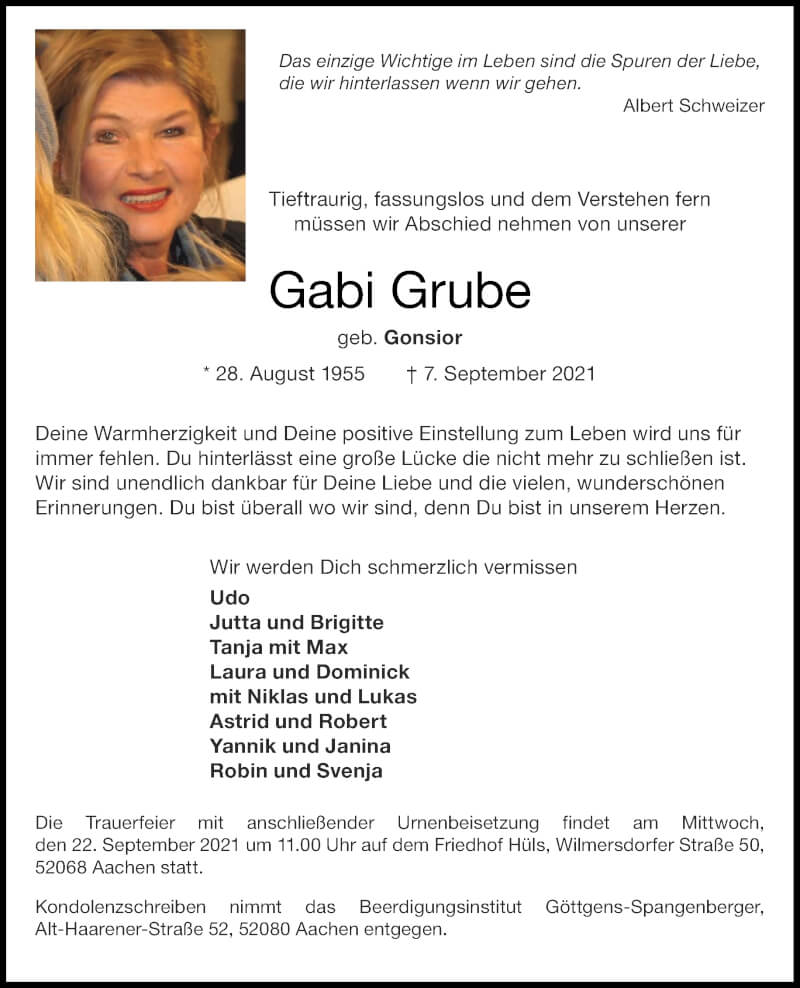  Traueranzeige für Gabi Grube vom 18.09.2021 aus Aachener Zeitung / Aachener Nachrichten
