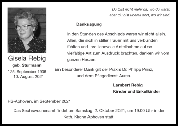 Traueranzeige von Gisela Rebig von Zeitung am Sonntag