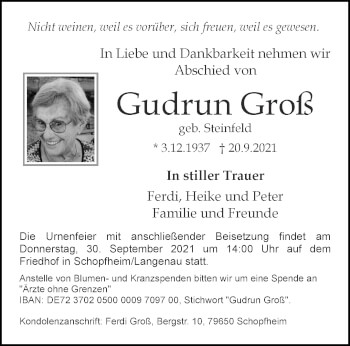 Traueranzeige von Gudrun Groß von Aachener Zeitung / Aachener Nachrichten
