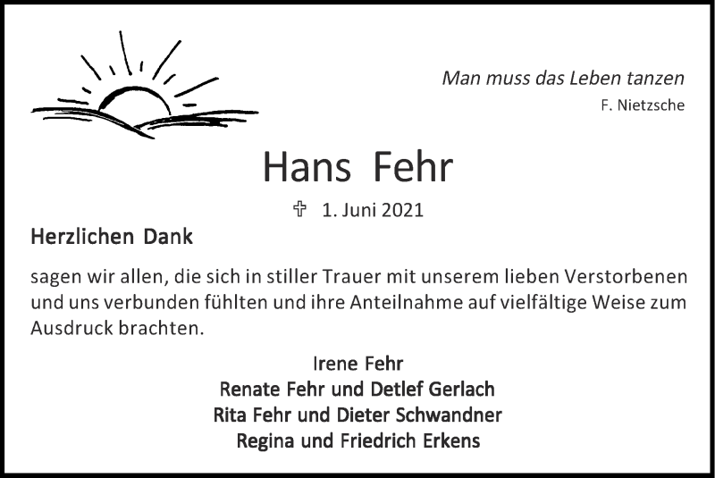  Traueranzeige für Hans Fehr vom 05.09.2021 aus Zeitung am Sonntag