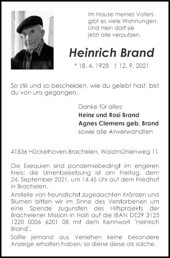 Traueranzeige von Heinrich Brand von Zeitung am Sonntag