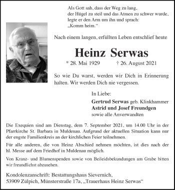 Traueranzeige von Heinz Serwas von Zeitung am Sonntag
