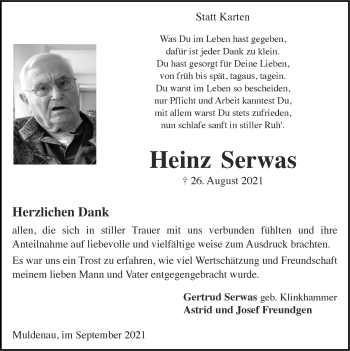 Traueranzeige von Heinz Serwas von Zeitung am Sonntag