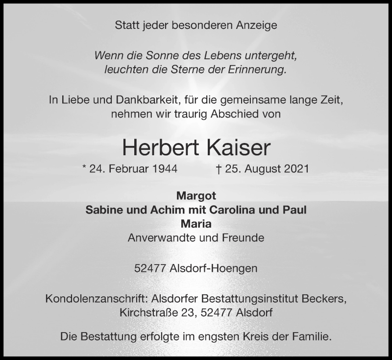  Traueranzeige für Herbert Kaiser vom 05.09.2021 aus Zeitung am Sonntag