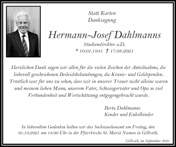 Traueranzeige von Hermann-Josef Dahlmanns von Zeitung am Sonntag