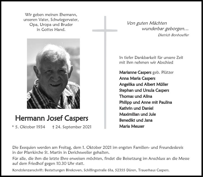  Traueranzeige für Hermann Josef Caspers vom 29.09.2021 aus Aachener Zeitung / Aachener Nachrichten
