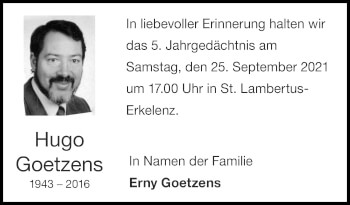 Traueranzeige von Hugo Goetzens von Zeitung am Sonntag