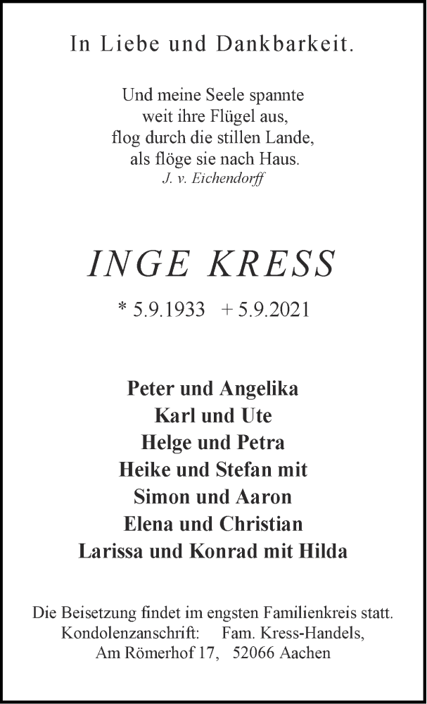  Traueranzeige für Inge Kress vom 12.09.2021 aus Zeitung am Sonntag