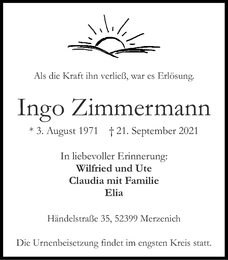  Traueranzeige für Ingo Zimmermann vom 26.09.2021 aus Zeitung am Sonntag