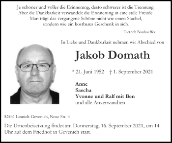Traueranzeige von Jakob Domath von Zeitung am Sonntag