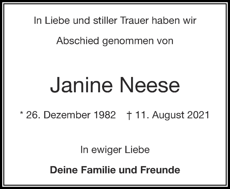 Traueranzeige für Janine Neese vom 12.09.2021 aus Zeitung am Sonntag