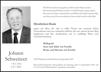 Traueranzeige von Johann Schweitzer von Zeitung am Sonntag