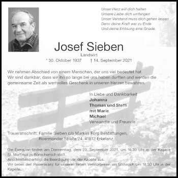 Traueranzeige von Josef Sieben von Zeitung am Sonntag
