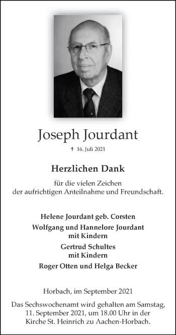 Traueranzeige von Joseph Jourdant von Zeitung am Sonntag