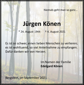 Traueranzeige von Jürgen Könen von Zeitung am Sonntag
