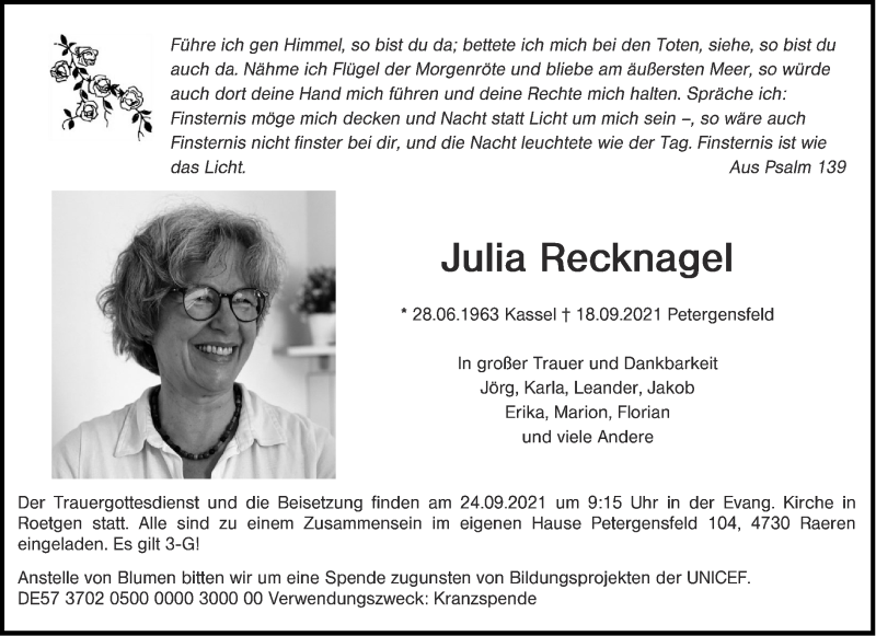  Traueranzeige für Julia Recknagel vom 22.09.2021 aus Aachener Zeitung / Aachener Nachrichten