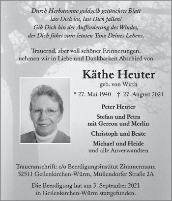 Traueranzeige von Käthe Heuter von Zeitung am Sonntag