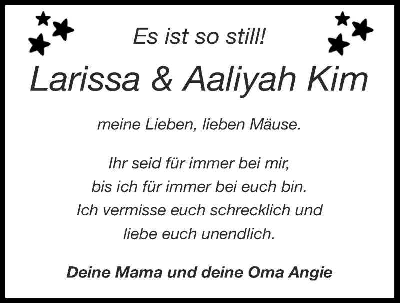  Traueranzeige für Larissa & Aaliyah  Kim vom 12.09.2021 aus Zeitung am Sonntag