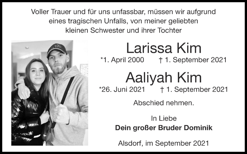  Traueranzeige für Larissa & Aaliyah  Kim vom 12.09.2021 aus Zeitung am Sonntag