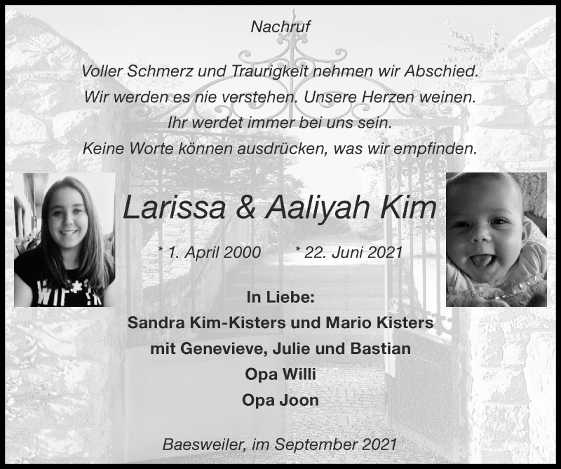  Traueranzeige für Larissa & Aaliyah  Kim vom 12.09.2021 aus Zeitung am Sonntag