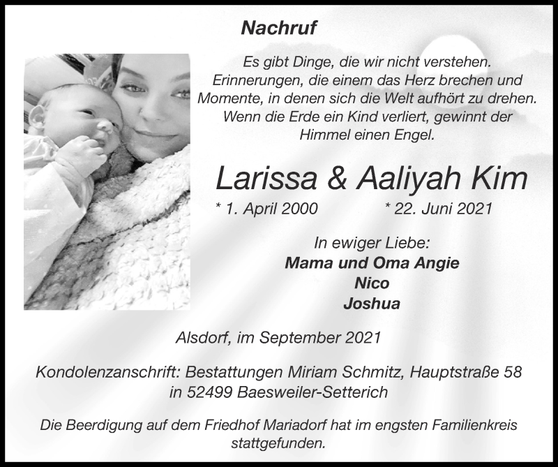  Traueranzeige für Larissa & Aaliyah  Kim vom 12.09.2021 aus Zeitung am Sonntag