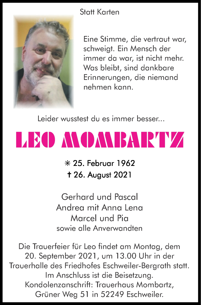 Traueranzeige für Leo Mombartz vom 05.09.2021 aus Zeitung am Sonntag