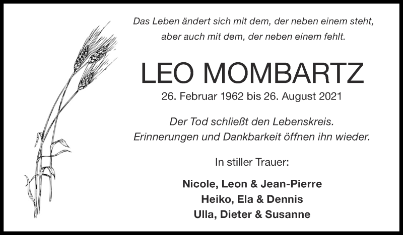  Traueranzeige für Leo Mombartz vom 05.09.2021 aus Zeitung am Sonntag