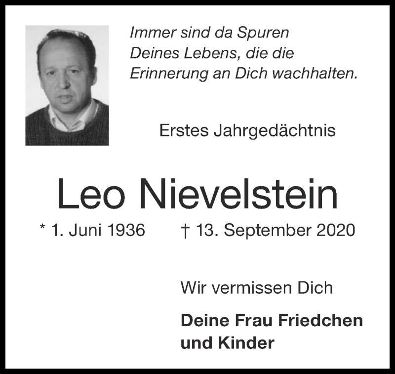  Traueranzeige für Leo Nievelstein vom 12.09.2021 aus Zeitung am Sonntag