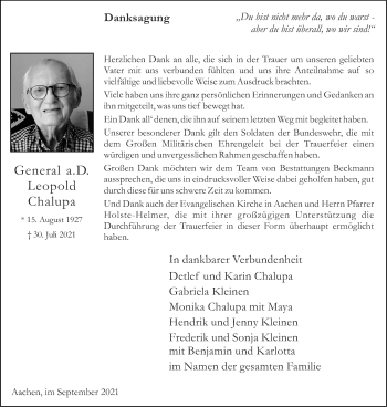 Traueranzeige von Leopold Chalupa von Aachener Zeitung / Aachener Nachrichten