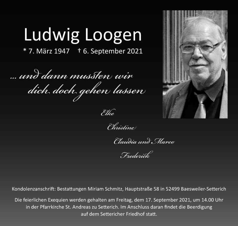  Traueranzeige für Ludwig Loogen vom 15.09.2021 aus Aachener Zeitung / Aachener Nachrichten