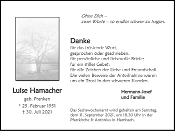 Traueranzeige von Luise Hamacher von Zeitung am Sonntag