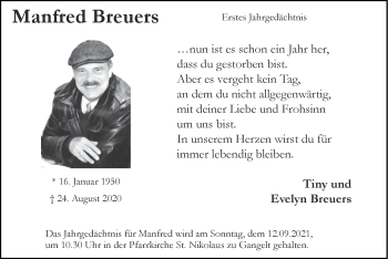 Traueranzeige von Manfred Breuers von Zeitung am Sonntag