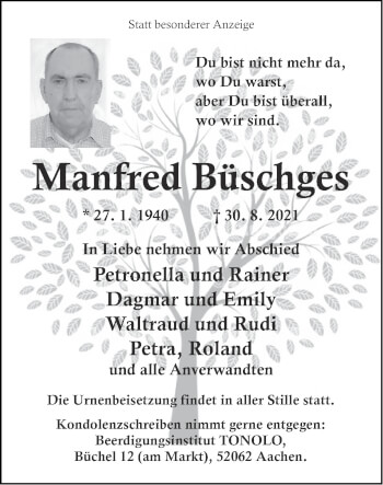 Traueranzeige von Manfred Büschges von Zeitung am Sonntag