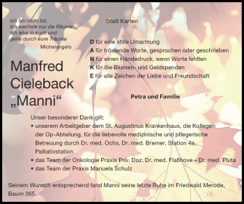 Traueranzeige von Manfred  Cieleback von Zeitung am Sonntag